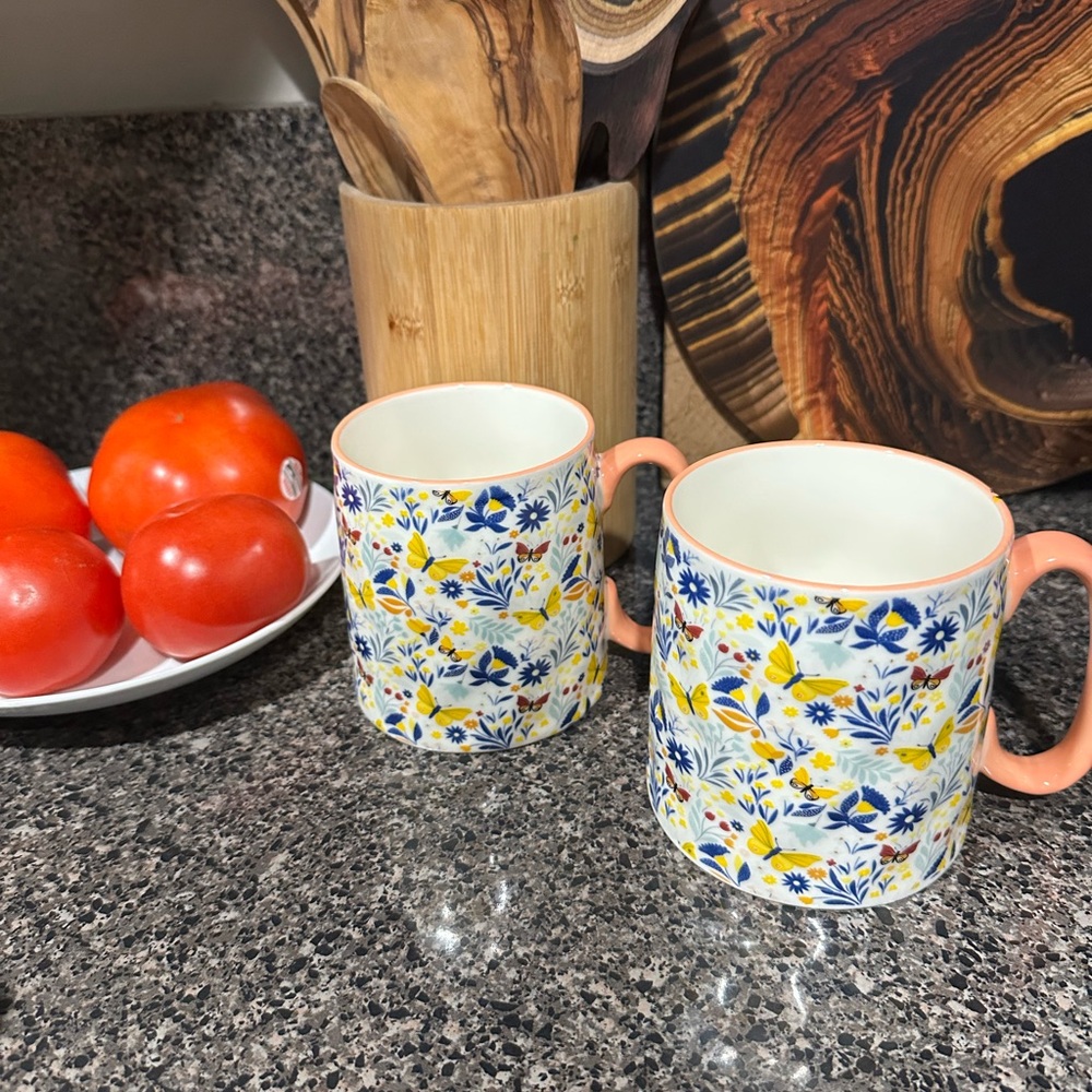 Floral Ceramic Mugs with Orange Handles